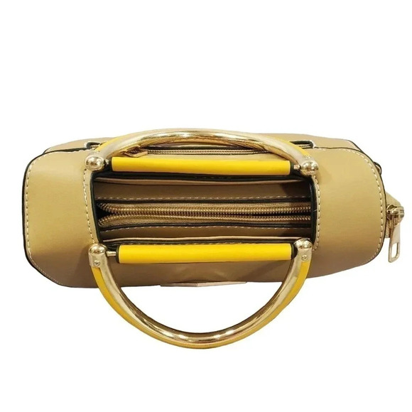 Yellow and Tan Two-Tone Cross Body Purse With Golden Accents, Adjustable Strap - Picture 7 of 8